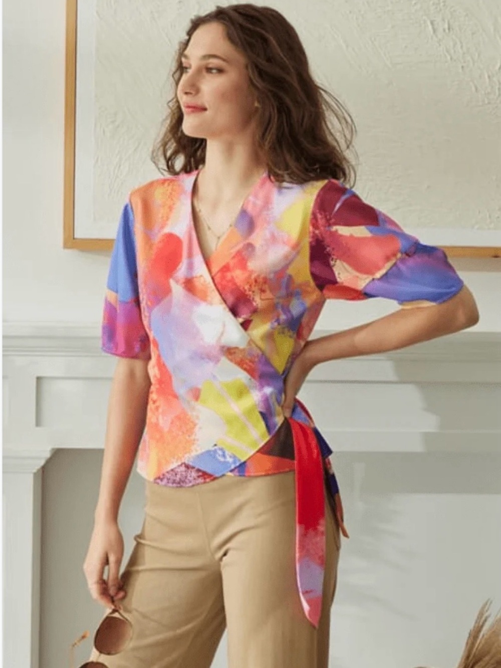 Lysse Abstract Wrap Blouse in Pink, Purple, Blue & Yellow